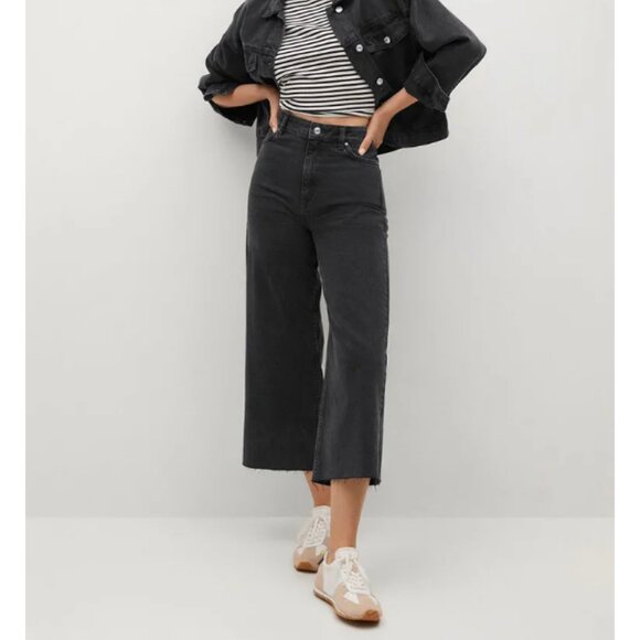Mango Wide Leg Jeans Black Carol High waist crop jeans 8 casual minimalist - Picture 1 of 11
